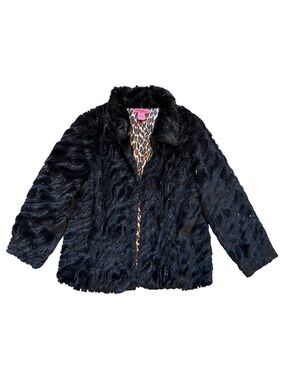 Betsey Johnson Black Textured Faux Fur Coat W/Leopard Print Lining Size Large